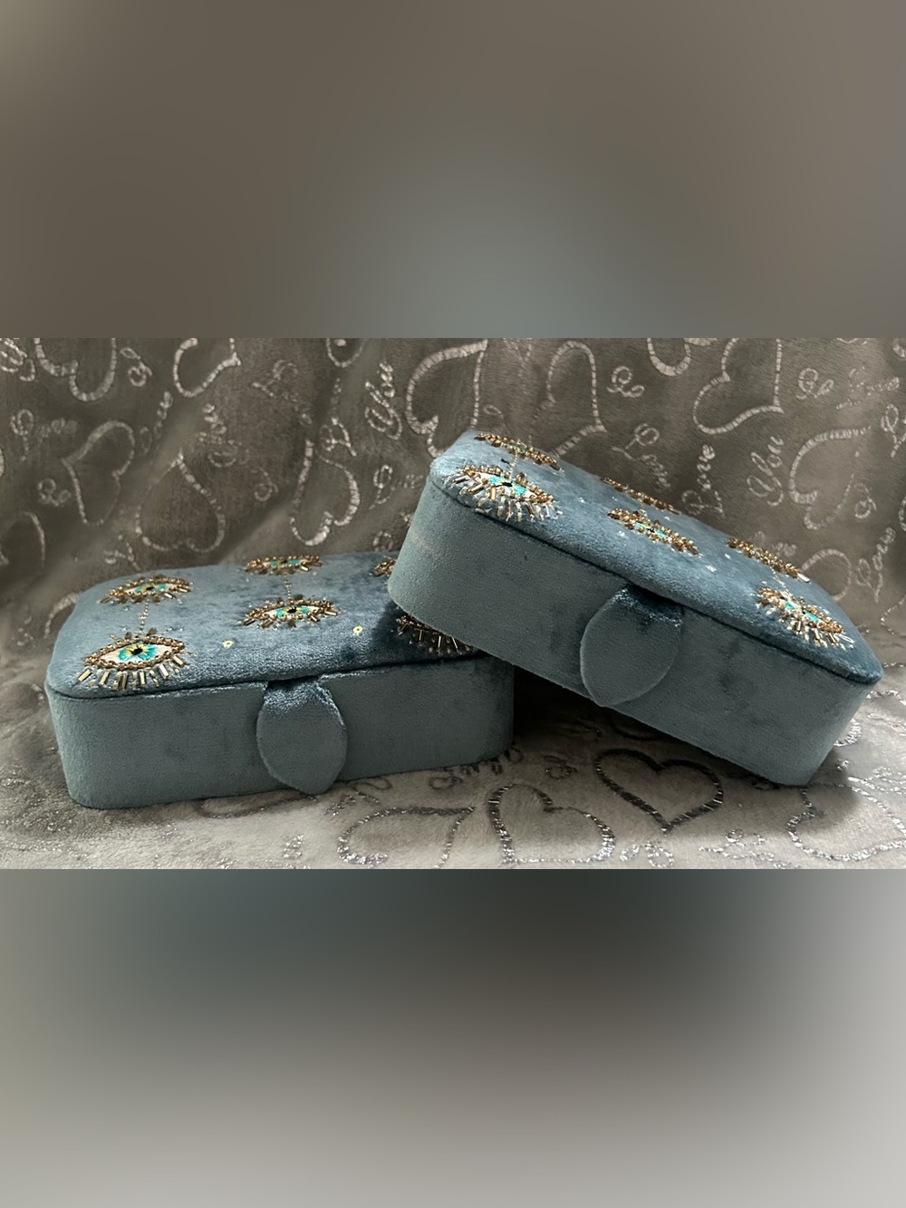 NWT Crafted in India, Two Teal, Velvet Evil Eye Jewelry Boxes - Picture 3 of 5